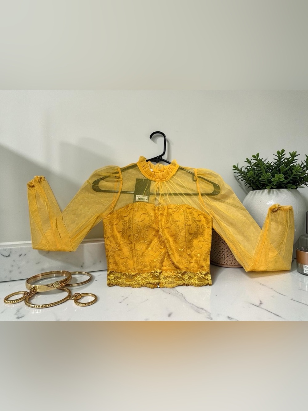 NWT Mustard Yellow Lace Corset Crop Top w/ Sheer Mesh Overlay Size S